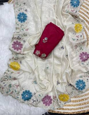 White Color embroidery sequence work Silk Blend Saree 5
