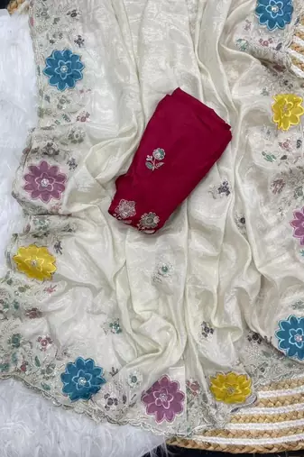 White Color embroidery sequence work Silk Blend Saree