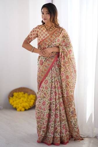 cream pink  ready to wear saree with  blouse