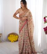 cream pink  ready to wear saree with  blouse