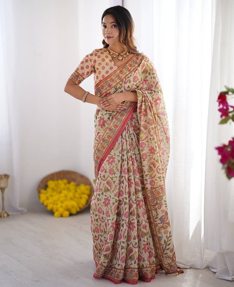 cream pink  ready to wear saree with  blouse