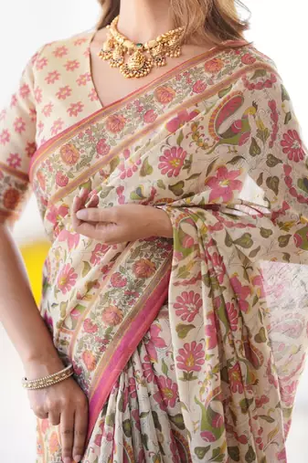cream pink  ready to wear saree with  blouse
