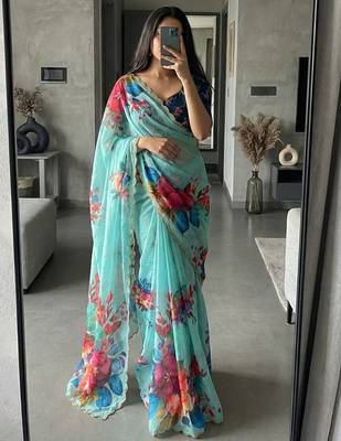 Sky Blue Color digital prints flower and hand cutdana work silk Blend saree 1