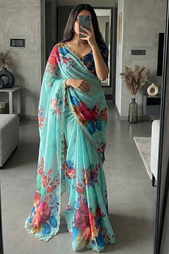 Sky Blue Color digital prints flower and hand cutdana work silk Blend saree