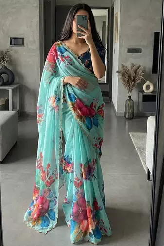 Sky Blue Color digital prints flower and hand cutdana work silk Blend saree