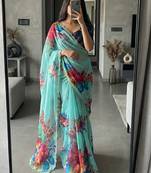 Sky Blue Color digital prints flower and hand cutdana work silk Blend saree