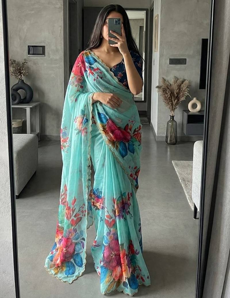 Sky Blue Color digital prints flower and hand cutdana work silk Blend saree