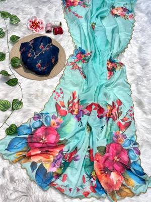 Sky Blue Color digital prints flower and hand cutdana work silk Blend saree 2