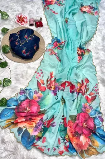 Sky Blue Color digital prints flower and hand cutdana work silk Blend saree