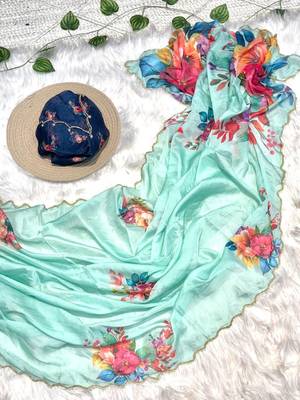 Sky Blue Color digital prints flower and hand cutdana work silk Blend saree 3