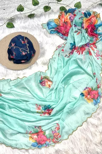 Sky Blue Color digital prints flower and hand cutdana work silk Blend saree
