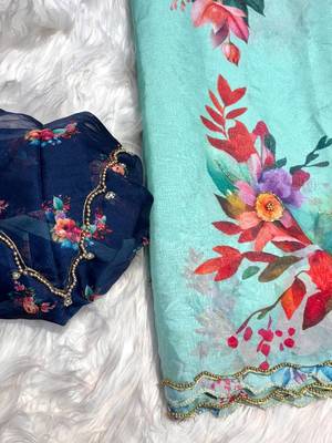 Sky Blue Color digital prints flower and hand cutdana work silk Blend saree 4