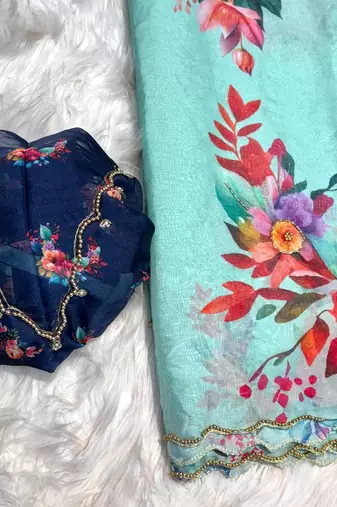 Sky Blue Color digital prints flower and hand cutdana work silk Blend saree