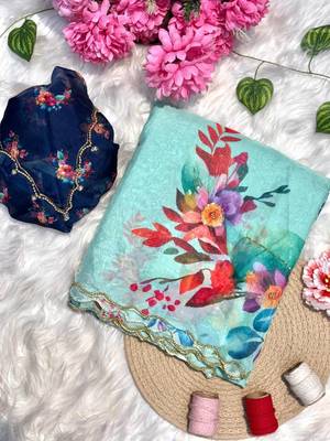 Sky Blue Color digital prints flower and hand cutdana work silk Blend saree 5