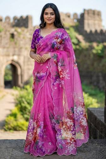 Magenta Color digital prints flower and hand moti work Silk Blend Saree