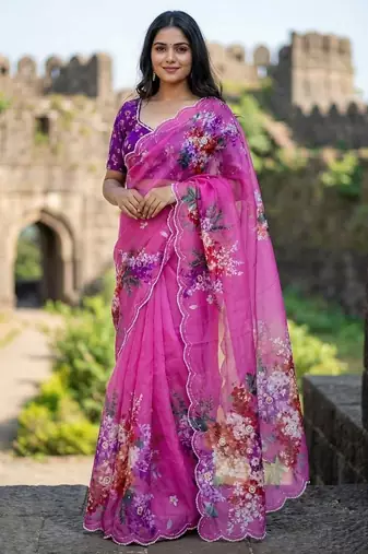 Magenta Color digital prints flower and hand moti work Silk Blend Saree