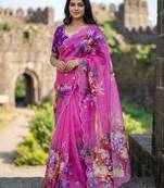 Magenta Color digital prints flower and hand moti work Silk Blend Saree