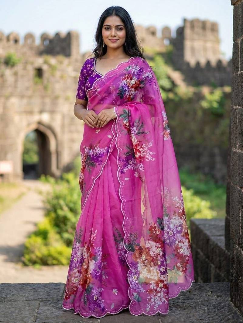 Magenta Color digital prints flower and hand moti work Silk Blend Saree