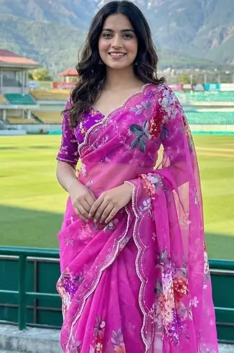 Magenta Color digital prints flower and hand moti work Silk Blend Saree