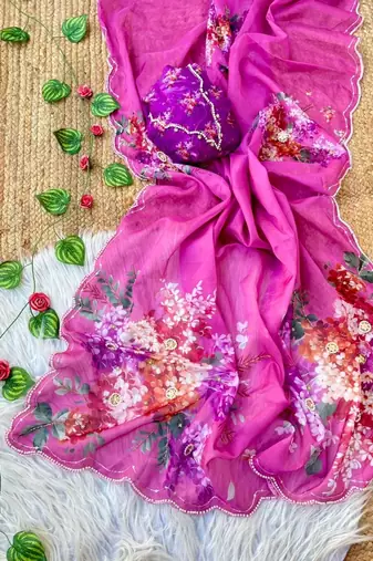 Magenta Color digital prints flower and hand moti work Silk Blend Saree