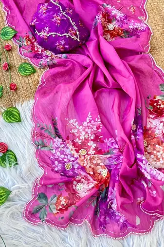 Magenta Color digital prints flower and hand moti work Silk Blend Saree