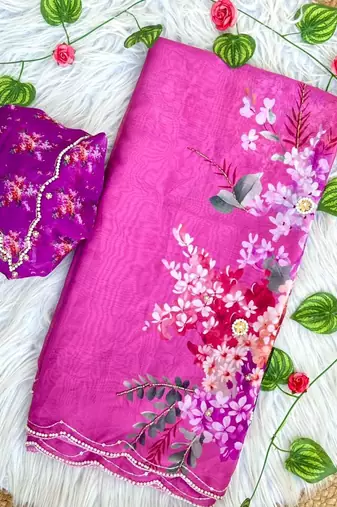 Magenta Color digital prints flower and hand moti work Silk Blend Saree