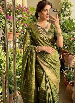 Mehndi Green Color zari chekcs weaving  Work Viscose Saree 1