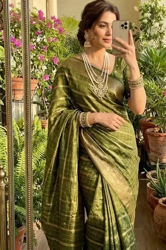 Mehndi Green Color zari chekcs weaving  Work Viscose Saree