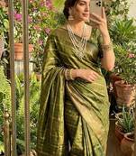 Mehndi Green Color zari chekcs weaving  Work Viscose Saree