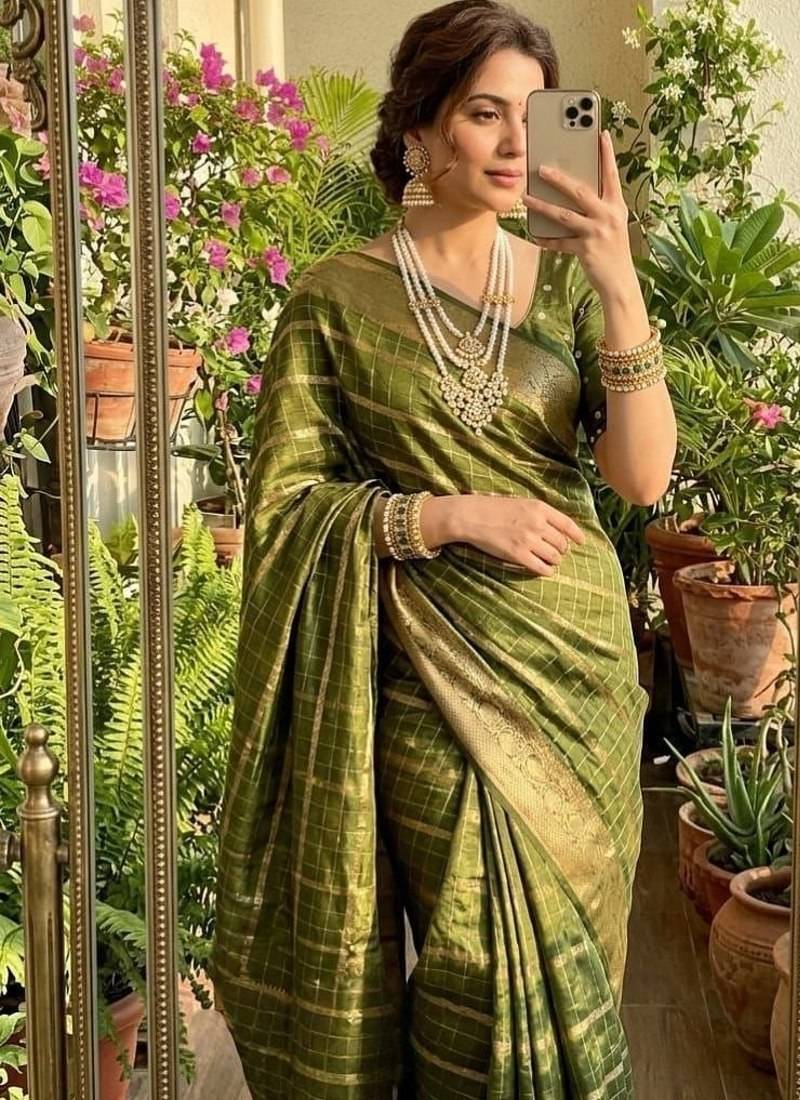 Mehndi Green Color zari chekcs weaving  Work Viscose Saree