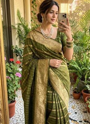 Mehndi Green Color zari chekcs weaving  Work Viscose Saree 2