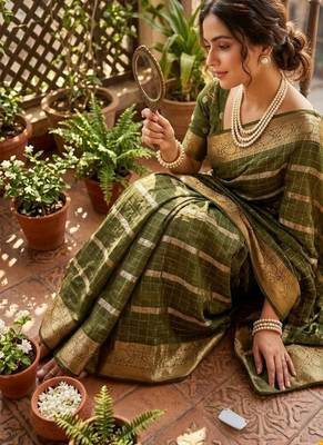 Mehndi Green Color zari chekcs weaving  Work Viscose Saree 3
