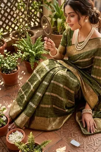Mehndi Green Color zari chekcs weaving  Work Viscose Saree
