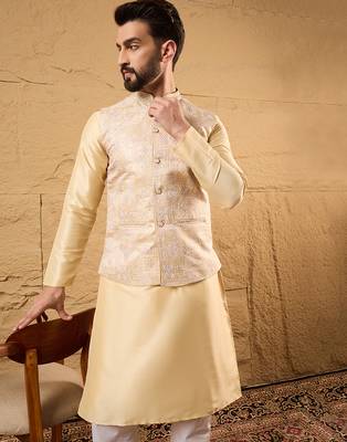 Mens cream silk blend woven design mandarin collar koti 1
