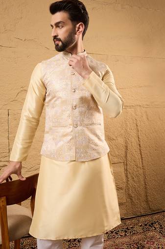 Mens cream silk blend woven design mandarin collar koti