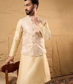 Mens cream silk blend woven design mandarin collar koti