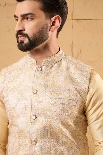 Mens cream silk blend woven design mandarin collar koti