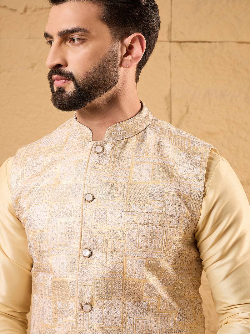 Mens cream silk blend woven design mandarin collar koti