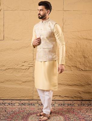 Mens cream silk blend woven design mandarin collar koti 3