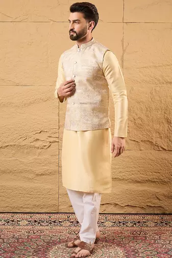 Mens cream silk blend woven design mandarin collar koti