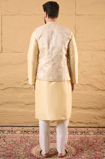 Mens cream silk blend woven design mandarin collar koti