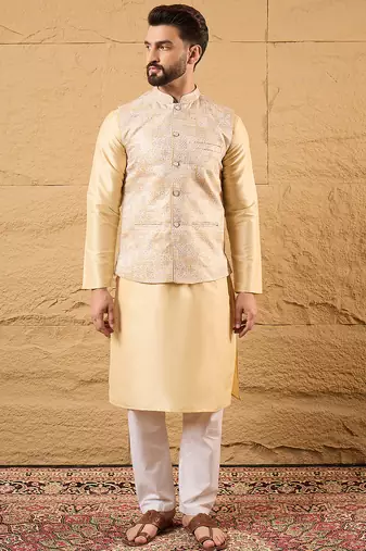 Mens cream silk blend woven design mandarin collar koti
