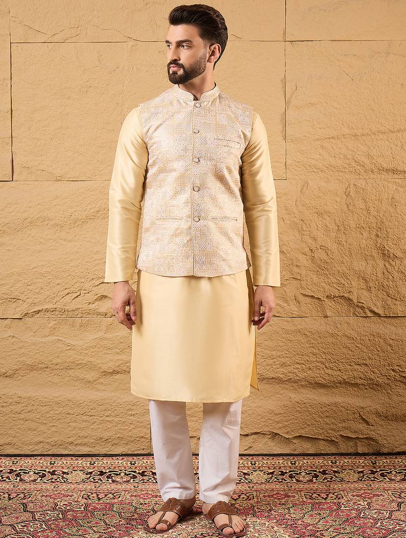 Mens cream silk blend woven design mandarin collar koti