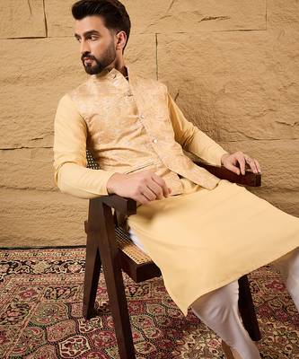 Mens yellow silk blend woven design mandarin collar koti 1