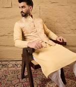 Mens yellow silk blend woven design mandarin collar koti