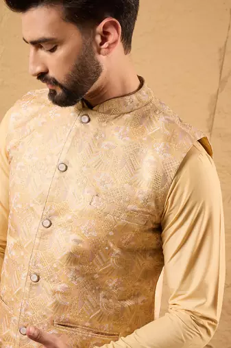 Mens yellow silk blend woven design mandarin collar koti