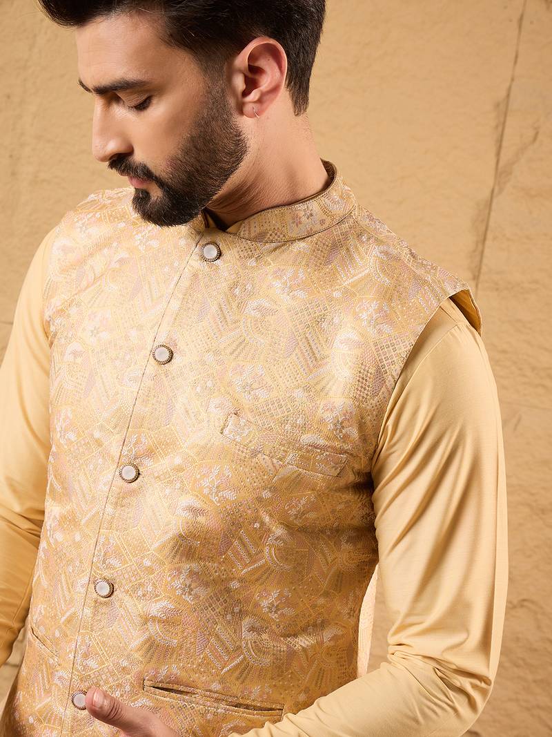 Mens yellow silk blend woven design mandarin collar koti