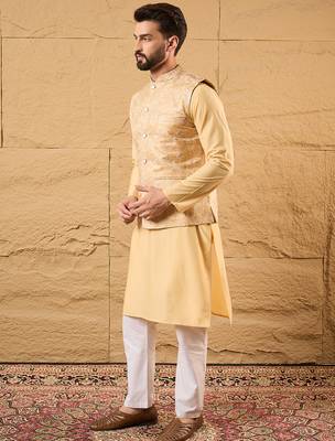 Mens yellow silk blend woven design mandarin collar koti 3