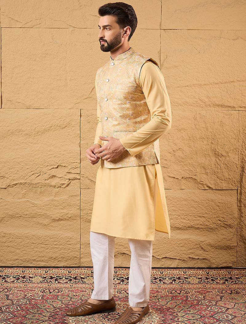 Mens yellow silk blend woven design mandarin collar koti