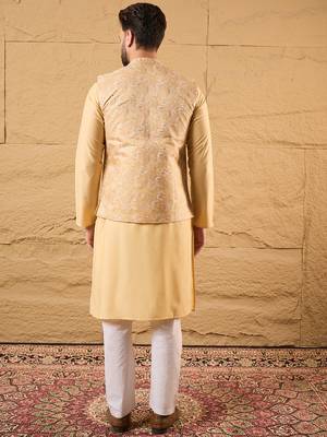 Mens yellow silk blend woven design mandarin collar koti 4